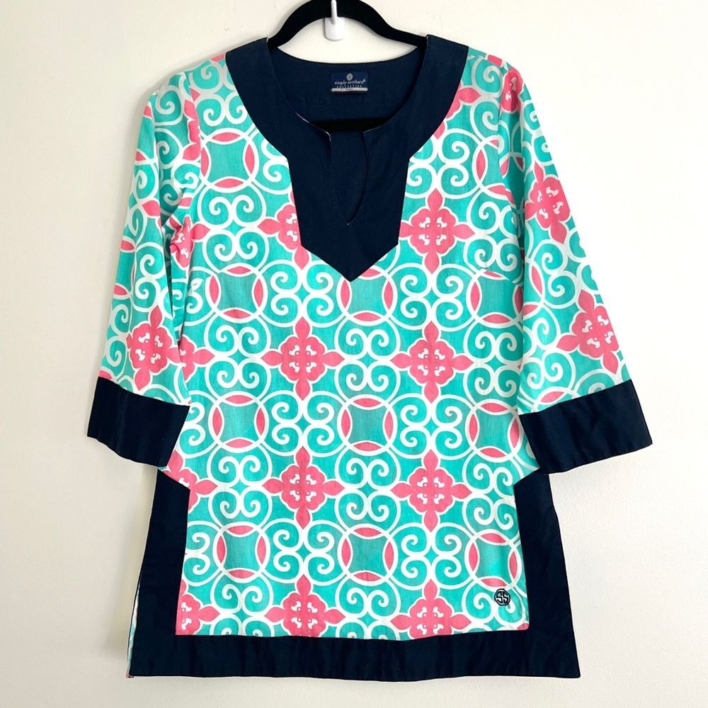 Simply Southern Split-Neck Tunic Top Small Aqua Coral Print